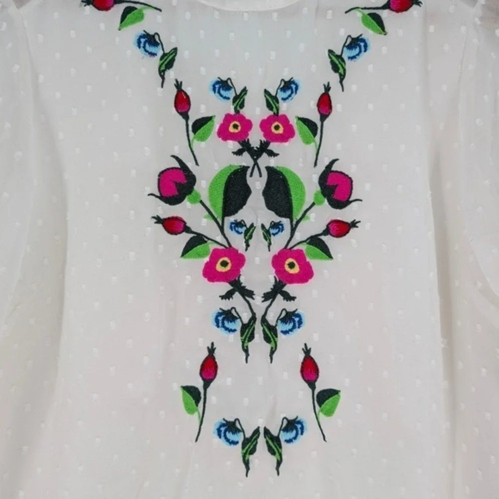 Y.A.S Yasmolia White Swiss‎ Dot Floral Embroidered High Neck Blouse Top Size M